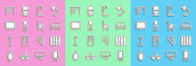Set Line Big Full Length Mirror, Garden Fence Wooden, Sofa, Shower, Office Chair, Picture Frame On Table, Desk And Chair Icon. Vector