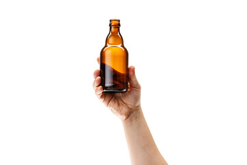 Cropped image of male hand holding bottle of strong alcohol drink, beer isolated over white background