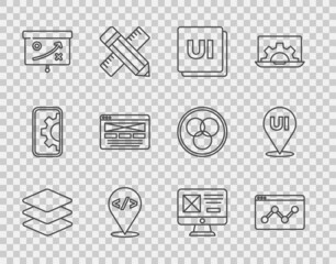 Set line Layers, Website statistic, UI or UX design, Front end development, Planning strategy concept, and icon. Vector