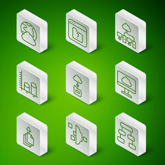 Poster - Set line Hierarchy organogram chart, Filter setting, Social network, Cloud technology data transfer, Data analysis, File missing, export and icon. Vector