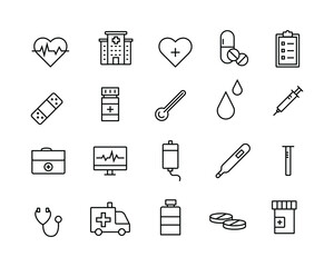 Poster - the editable stroke line icons collection related to medical stuff. a bag, heartbeat, stethoscope, ambulance, emergency sign, etc that is suitable to be used as ui ux element design.