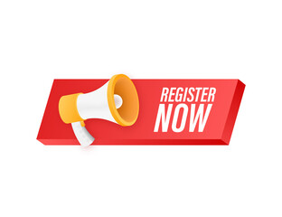 Poster - megaphone label with register now. megaphone banner. web design. vector stock illustration