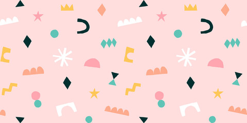 Modern collage with cut out elements. Abstract background with hand drawn shapes. Colorful geometric seamless pattern.