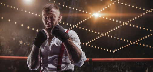 Images of a bearded man in a white shirt and red suspenders in the ring. The concept of fist underground fights.