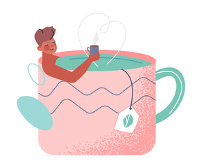 Sticker - Tea Time Break with Man Character Sitting in Huge Cup Enjoying Hot Drink Vector Illustration