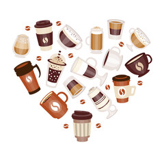 Wall Mural - Coffee Types Poured in Mug and Cup Arranged in Heart Shape Vector Template