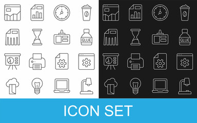 Poster - Set line Table lamp, Browser setting, Glue, Clock, Old hourglass, Paper shredder, Graph chart infographic and Identification badge icon. Vector