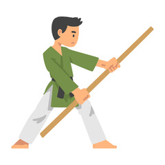 Poster - Man Character in Kimono with Stick Engaged in Combat Karate or Judo Sport or Fighting Sport Competing Vector Illustration