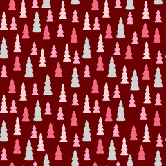 Wall Mural - Dark Pink Christmas Seamless Pattern great with Christmas trees for scrapbooking, textile and wrapping. Vector illustration