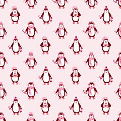 Wall Mural - Pink Christmas Seamless Pattern with cute little penguins  great for scrapbooking, textile and wrapping. Vector illustration.