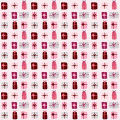 Wall Mural - Pink Christmas Seamless Pattern with gift boxes great for scrapbooking, textile and wrapping. Vector illustration