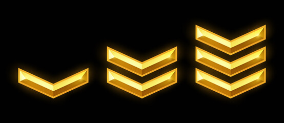 Golden military rank icon, game achievement rating, battle award, reward signs. Vector illustration.