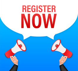 Poster - megaphone label with register now. megaphone banner. web design. vector stock illustration