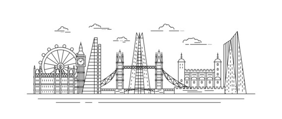 Wall Mural - London City Black Thin Line Landscape Urban Building Architecture Panorama Scene Concept. Vector illustration of Lineart Cityscape