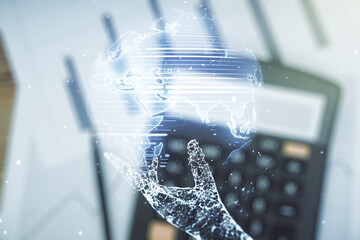 Poster - Double exposure of abstract digital world map hologram on calculator and papers background, big data and blockchain concept