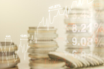 Poster - Abstract virtual financial graph hologram on coins background, financial and trading concept. Multiexposure