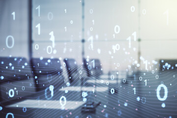Poster - Abstract virtual binary code illustration on a modern conference room background. Big data and coding concept. Multiexposure