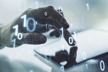 Leinwandbilder - Double exposure of creative abstract binary code hologram and finger clicks on a digital tablet on background. Database and programming concept