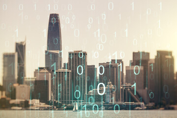 Leinwandbilder - Abstract virtual binary code hologram on San Francisco cityscape background, AI and machine learning concept. Multiexposure