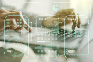 Poster - Multi exposure of abstract statistics data hologram interface with hands typing on computer keyboard on background, computing and analytics concept