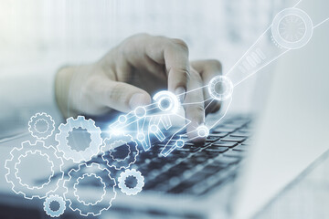 Poster - Creative concept of robotics technology and hands typing on laptop on background. Robot development and automation concept. Multiexposure