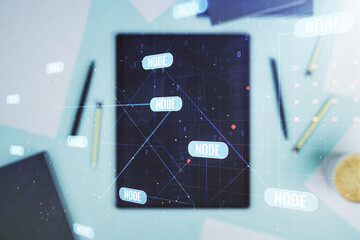 Aufkleber - Multi exposure of abstract programming language hologram and modern digital tablet on background, artificial intelligence and machine learning concept