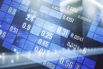 Poster - Multi exposure of abstract virtual graphic data spreadsheet sketch on blurry contemporary office building background, analytics and analysis concept