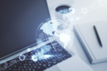 Aufkleber - Creative abstract robotics technology hologram with globe on modern computer background, artificial intelligence and machine learning concept. Multi exposure
