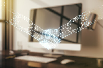 Poster - Creative concept of blockchain technology with handshake on modern laptop background. digital money transfers and decentralization concept. Multiexposure