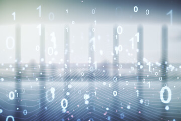 Aufkleber - Abstract virtual binary code illustration on empty corporate office background. Big data and coding concept. Multiexposure