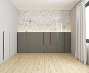 Wall Mural - luxury empty room with marble pattern wall and gray wardrobe, white curtain and wood floor. 3d rendering