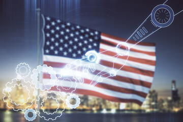 Aufkleber - Abstract virtual robotics technology sketch on US flag and skyline background, future technology and AI concept. Double exposure