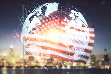 Poster - Multi exposure of abstract creative digital world map hologram on USA flag and blurry cityscape background, tourism and traveling concept