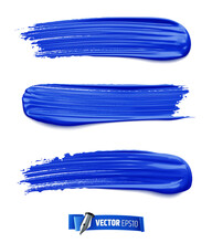 Vector Realistic Blue Paint Brush Strokes On A White Background.
