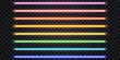 Glowing neon sticks, laser light beams. Rainbow color set, fluorescent electric tubes, luminous stripe lines. Isolated design elements. Vector illustration