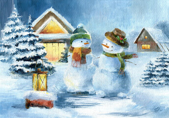 Watercolor snowman and snow girl. Christmas illustration