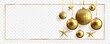Gold christmas balls and stars with shadow isolated on transparent background.	