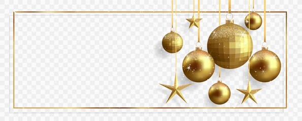 gold christmas balls and stars with shadow isolated on transparent background.