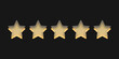 Pięć żółtych gwiazdek. Szklane gwiazdki wskazujące ocenę, recenzja produktu. Osiągnięcia w grze. Koncepcja oceny od klienta na temat pracownika albo strony internetowej. Do aplikacji mobilnych.