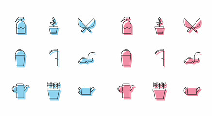 Wall Mural - Set line Watering can, Plants pot, Garden sprayer, Scythe, Lawn mower, Bucket and icon. Vector