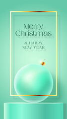 Wall Mural - Christmas Stories Vector Advertising Card or Poster Template. Season Promo Background Scene with Realistic Bauble and Sale Podium. New Year Winter Holidays Discount Pastel Story Decoration Template