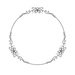 Abstract Black Simple Line Round Circ With Leaf Leaves Frame Flowers Doodle Outline Element Vector Design Style Sketch Isolated Illustration For Wedding And Banner