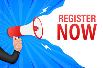 Poster - megaphone label with register now. megaphone banner. web design. vector stock illustration