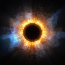 Full Eclipse Of Sci-fi Fantasy Star In Outer Space. Abstract Astronomy Or Cosmic Event, Ring Of Fire With Sunbeam. Galactic Explosion, Chaos Blaze Or Celestial Aura. Center Copy Space For Text Or Logo