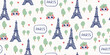 Cute vector seamless pattern with cat in Paris, urban streets. Cute romantic touristic pattern design