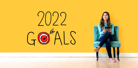 Wall Mural - 2022 goals concept with young woman holding a tablet computer
