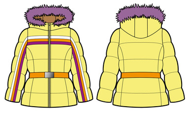 Wall Mural - Womans belted yellow down jacket with lilac fur on the hood.