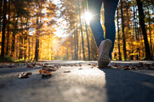 Low Angle View Of A Woman Walking Through An Autumn Nature