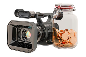 Poster - professional video camera with glass jar full of golden coins, 3d rendering