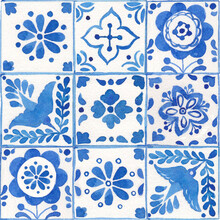 Watercolor Blue Seamless Pattern, Dutch Ornament. Mexican Patchwork. Old Fashion Hand-drawn Rustic Floral Motifs. Stylized Flowers On A Background In Cells. Pattern For Wallpaper, Fabric, Packaging.